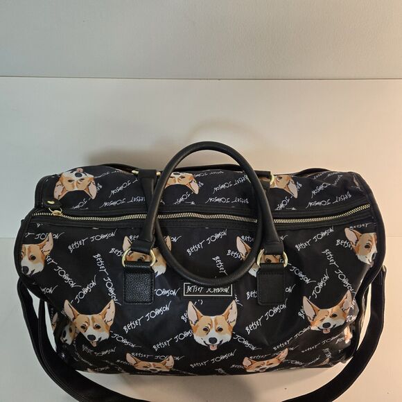 Betsy Johnson Black Weekender Duffle Corgi Print Bag w Adjustable Shoulder Strap - Picture 3 of 11